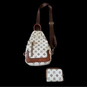 Guitar Strap Sling Bag Backpack with matching double zip wallet. Pre-owned. EUC